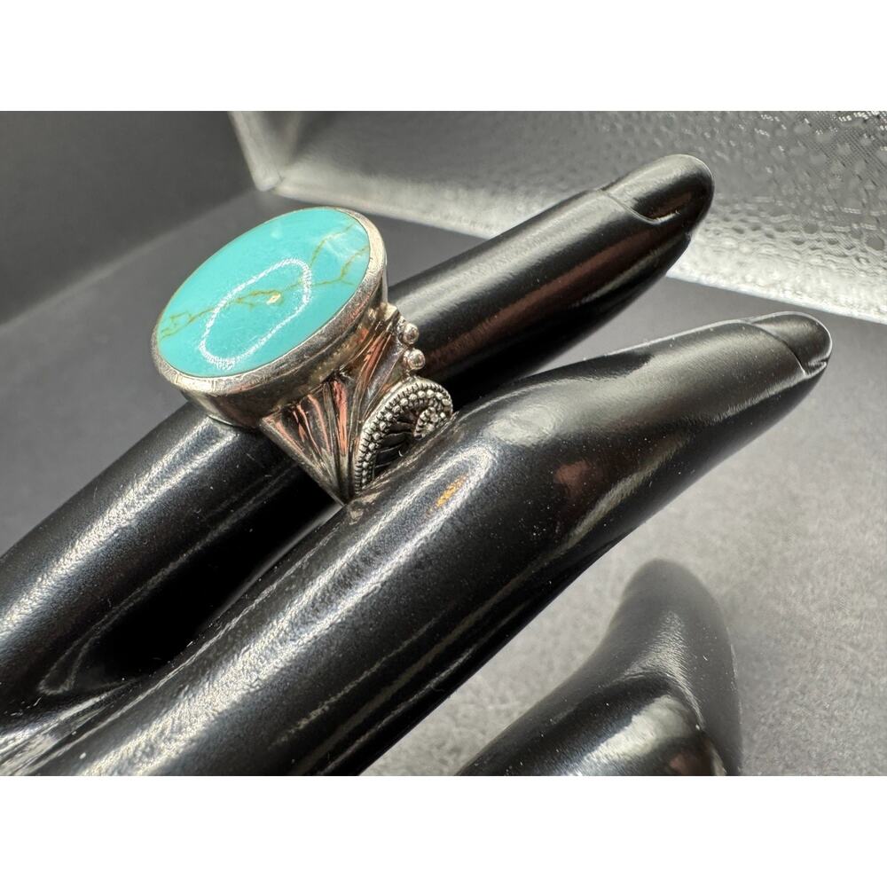 Vintage Southwestern Turquoise Oval Cut Filigree 925 Sterling Silver Ring Sz 7.5 - Picture 2 of 12